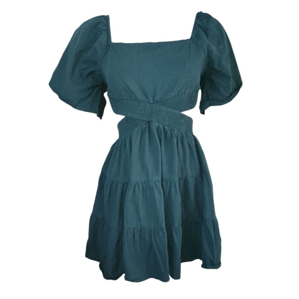 Shy Velvet Dress Womens Size M Medium Green Cutout Side Short‎ Sleeve Pullover